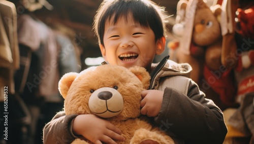 In a bustling market, an Asian little boy flashes a joyful smile while clutching a beloved stuffed animal, capturing a heartwarming moment of innocence.