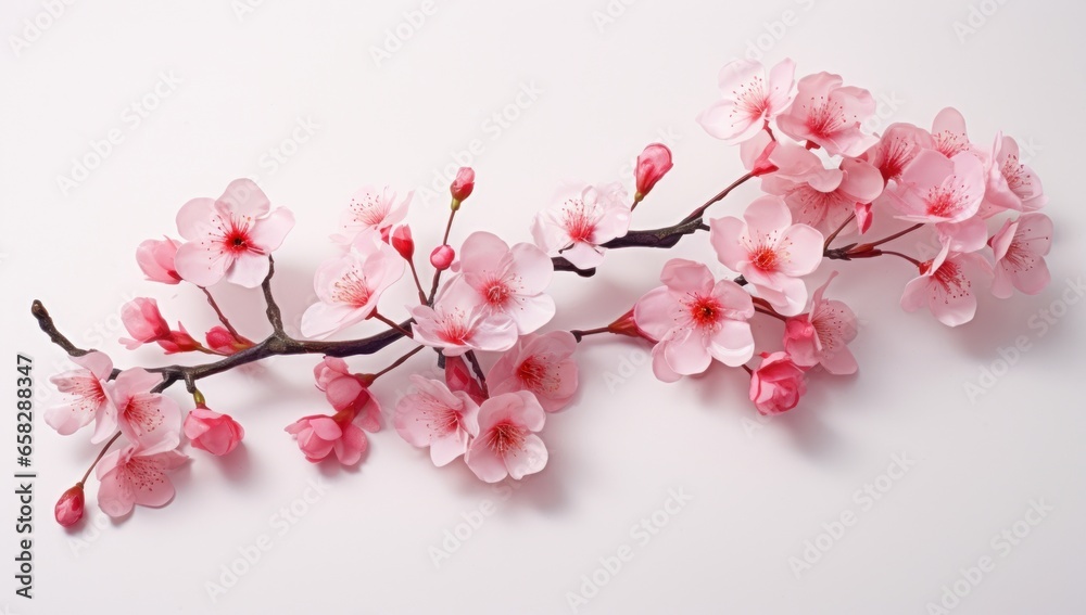 Beautiful cherry blossoms elegantly spread, their soft pink petals contrasting vividly against a pristine white background. The isolation enhances the blooms' delicate beauty, epitomizing spring time