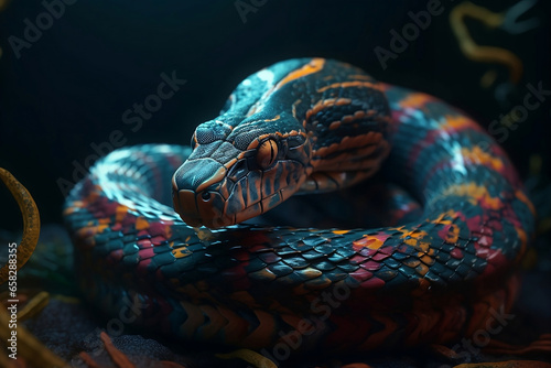 Close-up on a beautiful dark snake.  photo