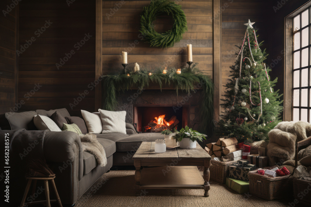 A living room with a rustic theme, featuring wooden accents, burlap stockings, and natural greenery as decorations. Ecologic concept. Generative Ai