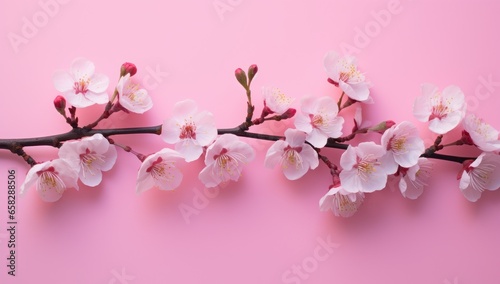 A delicate branch of pink cherry blossoms gracefully rests against a soft pastel background. Perfect for themes related to spring, renewal, or minimalist design.