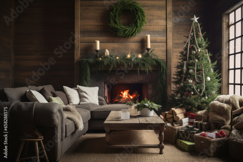 A living room with a rustic theme, featuring wooden accents, burlap stockings, and natural greenery as decorations. Ecologic concept. Generative Ai © bluebeat76