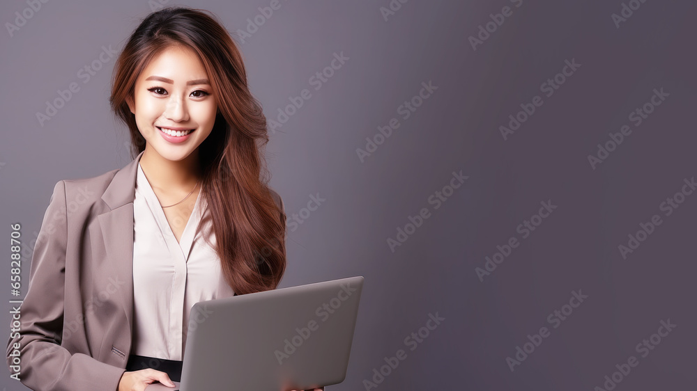 Smiling Asian businesswoman holding laptop computer Smiling Asian businesswoman holding laptop computer