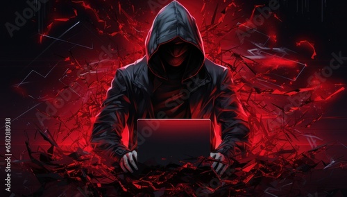 illustration of an incognito hacker, masked and enshrouded in mystery, signifying internet threats. A visualization of cybersecurity challenges, virus software, and the digital underworld photo