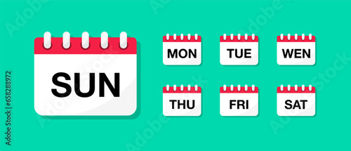Calendar icons with days of the week. Graphic pictogram for daily schedule, reminder, event and agenda. Set of calender icons with seven days week. Vector illustration.