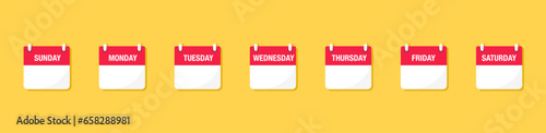 Calendar icons with days of the week. Graphic pictogram for daily schedule, reminder, event and agenda. Set of calender icons with seven days week. Vector illustration.