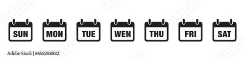 Calendar icons with days of the week. Graphic pictogram for daily schedule, reminder, event and agenda. Set of calender icons with seven days week. Vector illustration.