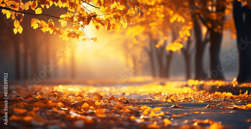 Autumn has arrived in the park, tired soft lights and lots of yellow leaves. Autumn concept. Autumn background, wallpaper with copy space. AI generated.