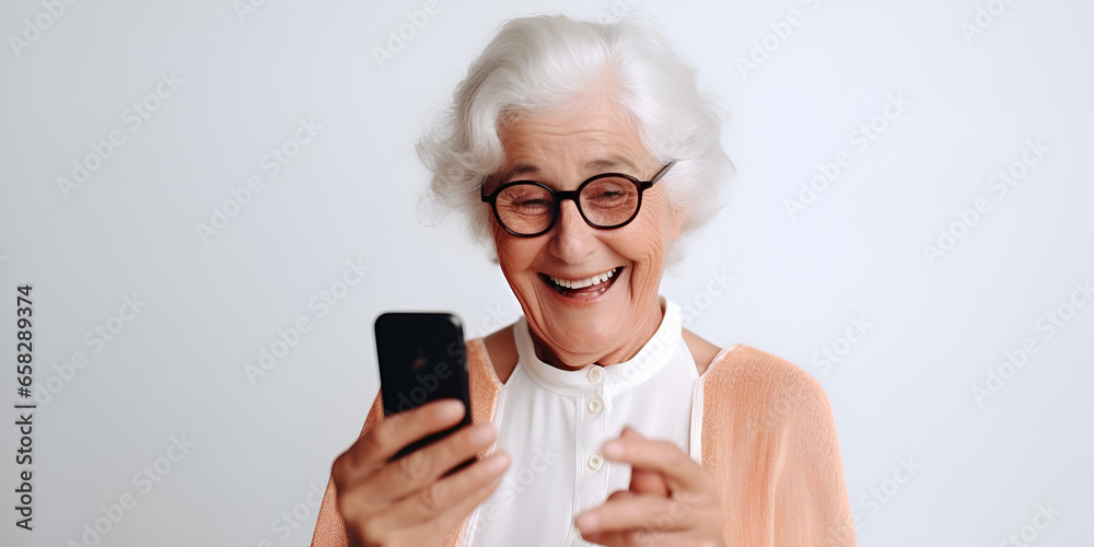 A beautiful elderly woman in glasses on a white background looks at the phone and smiles - obrazy, fototapety, plakaty 