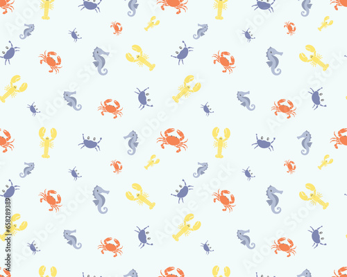 CRABS LOBSTERS SEAHORSE MARINE LIFE UNDERWATER ANIMALS NAUTICAL SEAMLESS PATTERN VECTOR ILLUSTRATION