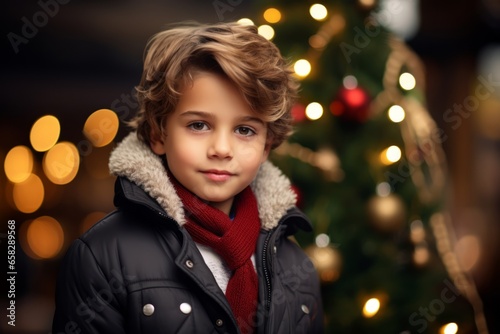 Portrait of a cute little boy in a winter jacket on the background of a Christmas tree.