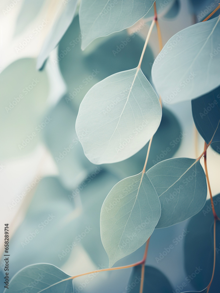 Eucalyptus leaves forming a dreamlike background with blurred and hazy light.