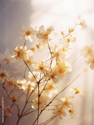 Yellow flowers casting shadows in the morning sunlight, creating an elegant and warm room decor. © iconogenic