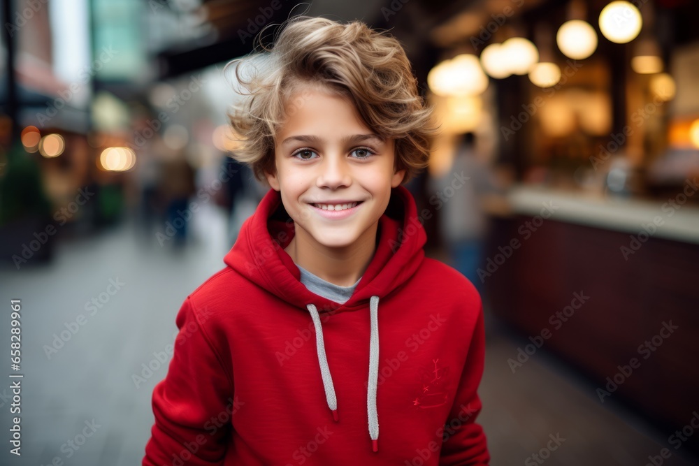 Portrait of a smiling boy in a red hoodie on the street.
