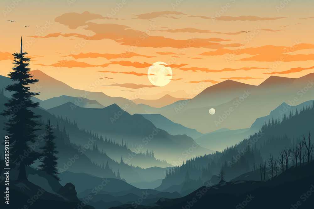 Mystical mysterious fog over the forest tops overlooking the mountains at sunset, illustration
