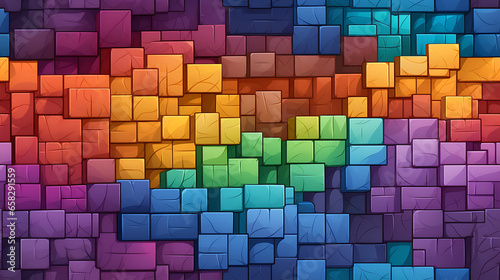 abstract colorful background  Gaming wall bricks  cartoon style  multi color. - Seamless tile. Endless and repeat print.