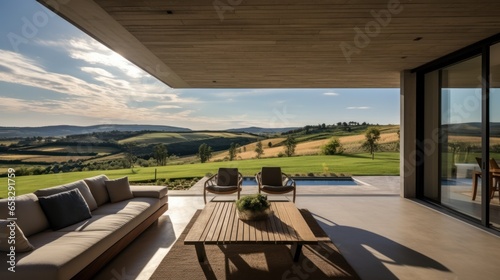 Modern villa situated in the peaceful countryside  surrounded by rolling hills  farmland  and a sense of rustic tranquility