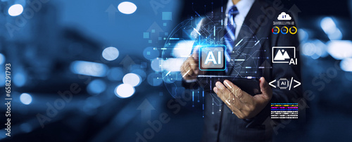 Banner of businessman using ai via smart phone to command for business activity, create photo, work in factory industry instead of human or coding generative assistance in development technology.