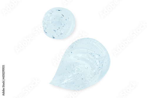 Composition of smears and drops or drops of a transparent blue gel, serum. On an empty transparent background.