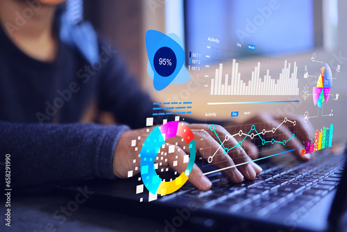 Business data visualization dashboard analytic on laptop screen business data scientist with ai analysis and bar, donut, pie chart data summarise management digital market statistic summary analytics