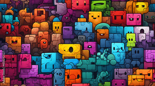 Fototapeta Pixel gaming wall, cartoon style, multi color, colorful - Seamless tile. Endless and repeat print.