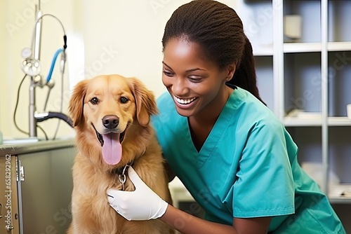 Photo of a young African American female veterinary doctor checks health of a Labrador Retriever dog. Love for pets and concern for their health.