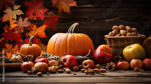 Bright background with beautiful thanksgiving decorating. Pumpkins with fruits  flowers  vegetables and leaves.