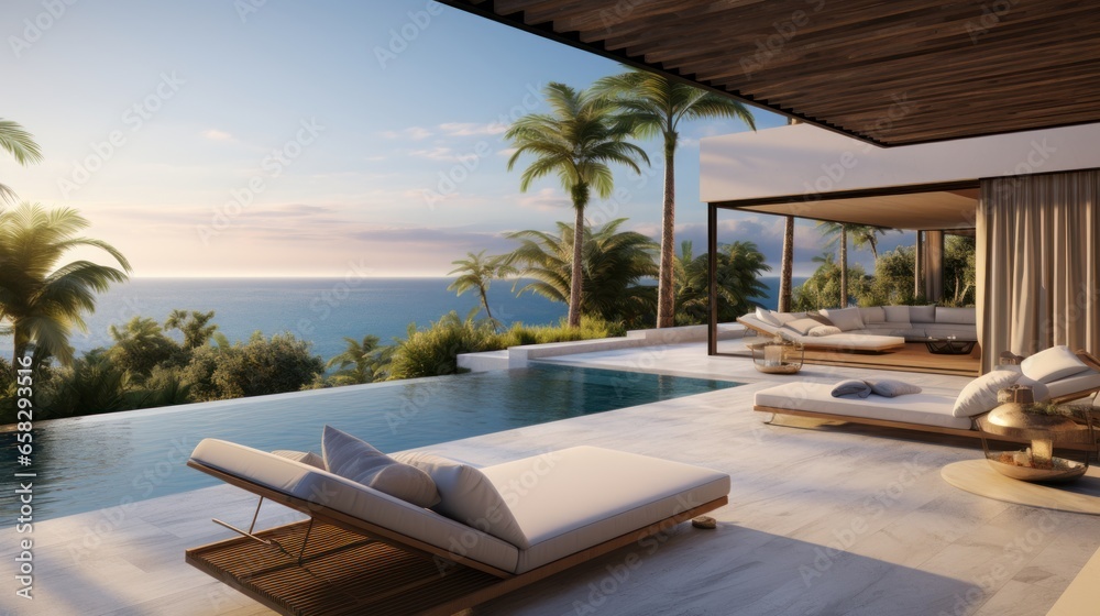 Envision a modern villa nestled along the coast, offering a tranquil and scenic retreat with panoramic ocean views - obrazy, fototapety, plakaty 