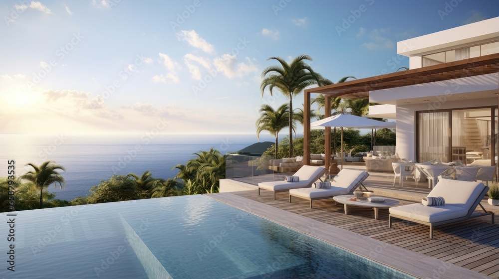 Envision a modern villa nestled along the coast, offering a tranquil and scenic retreat with panoramic ocean views