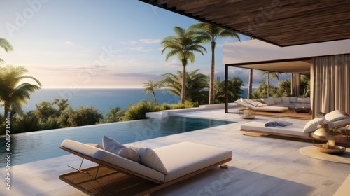 Envision a modern villa nestled along the coast, offering a tranquil and scenic retreat with panoramic ocean views photo