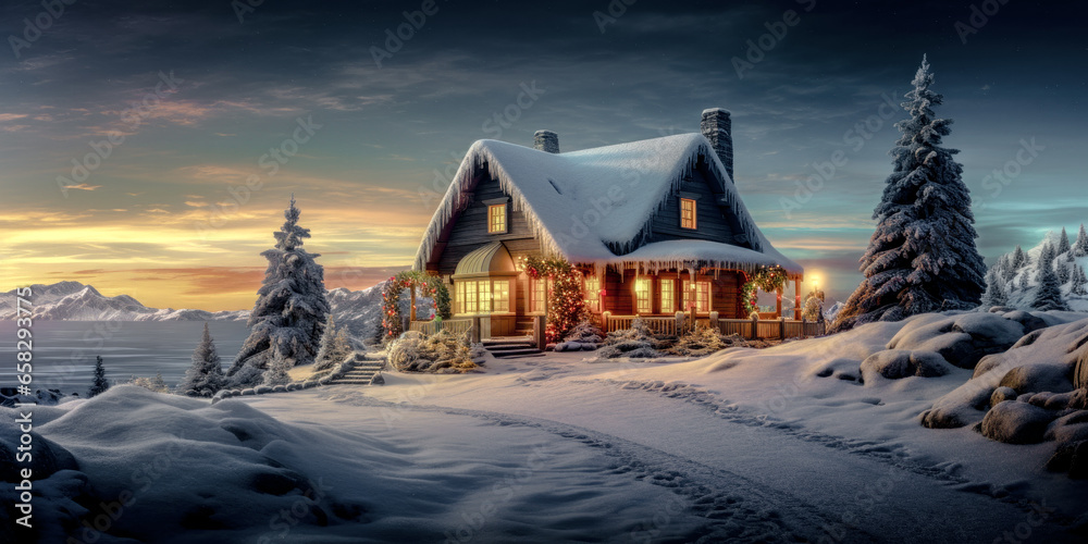 Fototapeta premium In the Christmas season a winter landscape sets an Advent mood embracing joy and wonder at the Christmas market wallpaper Background Card Digital Art