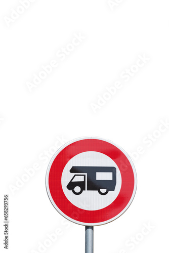 Caution Road Signs, Access sign prohibited for no motorhomes or campers allowed, French traffic sign on white or transparent background