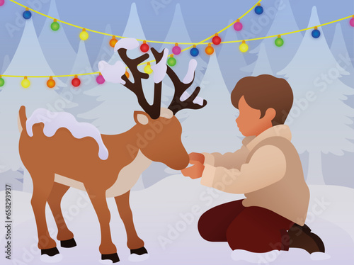 Boy and Christmas reindeer in the snow. Christmas atmosphere. (ID: 658293937)
