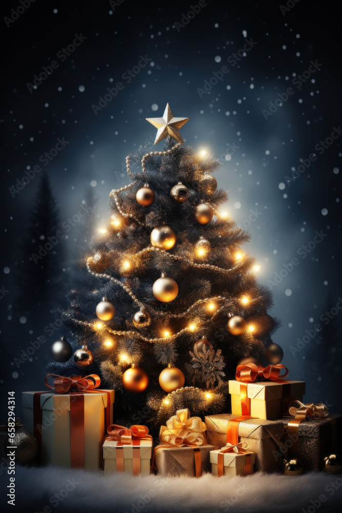 Christmas tree with fall snow and present gift, spark star and light