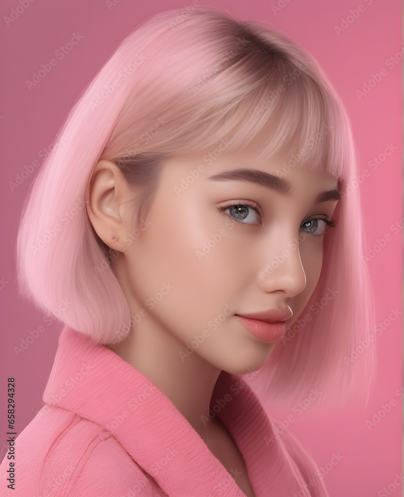 Close-Up Portrait of a Vibrant, Attractive Girl with Pink Hair on a Pastel Pink Background. generative AI