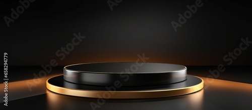 illustration of a luxurious black abstract background with a gold silk round podium base suitable for exhibition space studio cosmetics and advertising stage