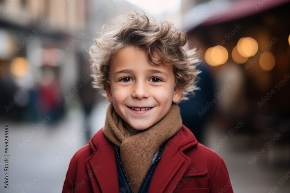 Portrait of a smiling little boy in red coat and scarf on the street Portrait of a smiling little boy in red coat and scarf on the street