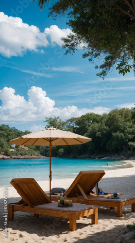 Two sun loungers and an umbrella on the beach on a sunny day. Generative AI