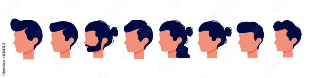 Set of faces in flat style. men. Boys. Beauty and fashion. Care. Hairstyles. Isolated. White background. Vector illustration. Character. People.