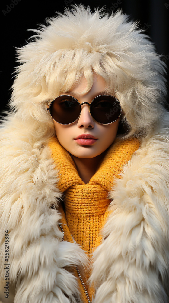 Fashion Week Top Model woman on the podium wearing faux fur clothes. Futuristic sensitive style. AI Generative. Fashion Week Top Model woman on the podium wearing faux fur clothes. Futuristic sensitive style. AI Generative.