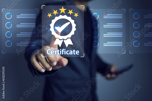 Businessman click on assessment certificate sign and audit or evaluation activity to get certified rated maximum of five stars level according to the ISO standard quality management system.