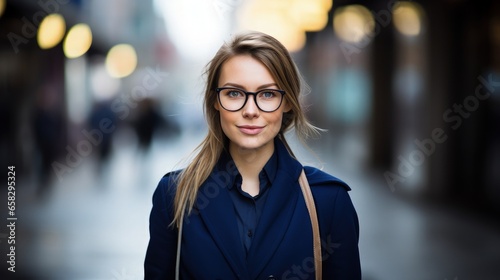 Woman with glasses, wearing a blue jacket. Business service presentation background