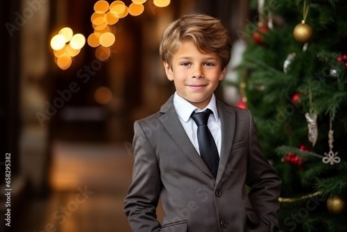 Portrait of a cute little boy in suit and tie at the Christmas tree