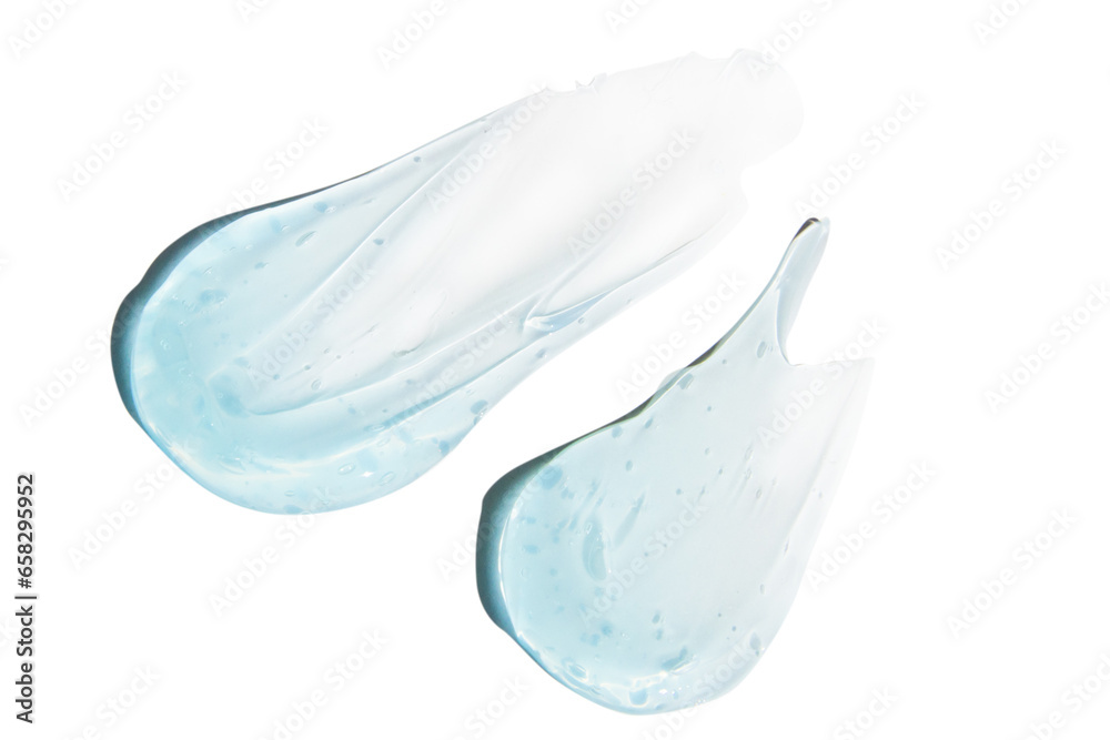 Composition of smears and drops or drops of a transparent blue gel, serum. On an empty transparent background. Composition of smears and drops or drops of a transparent blue gel, serum. On an empty transparent background.