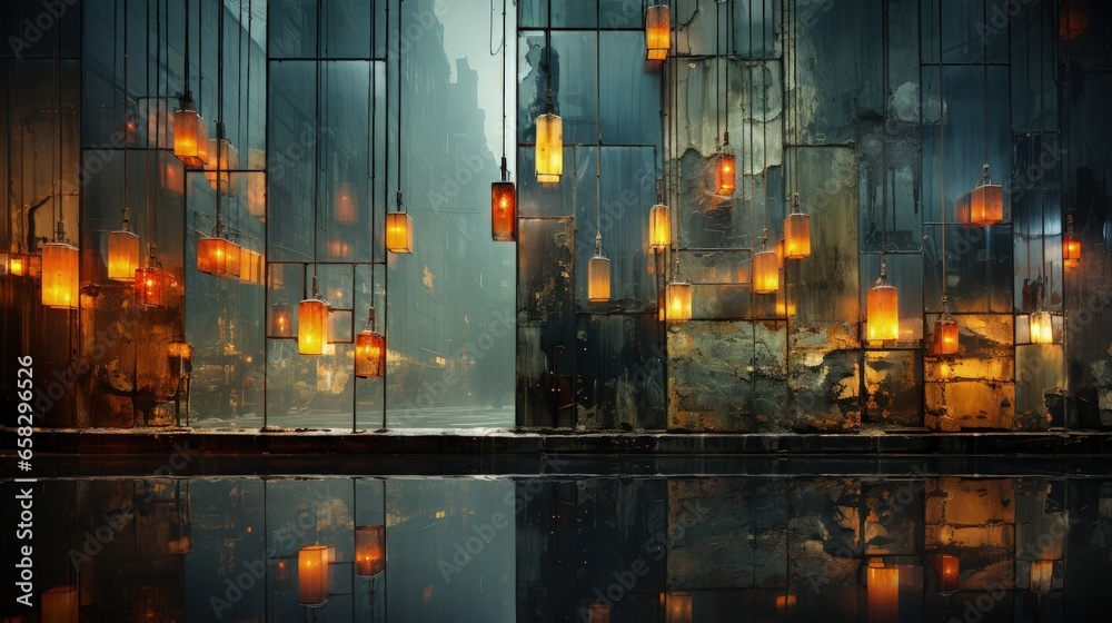 Obraz premium Old wall background with reflections for product presentation. Retro style with glowing lanterns.