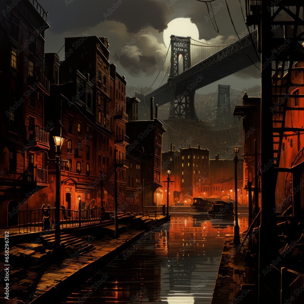 city 1920s, night, darkness, raised bridge