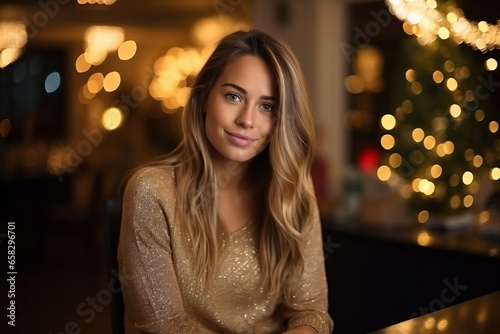 Portrait of a beautiful young woman with christmas lights in the background