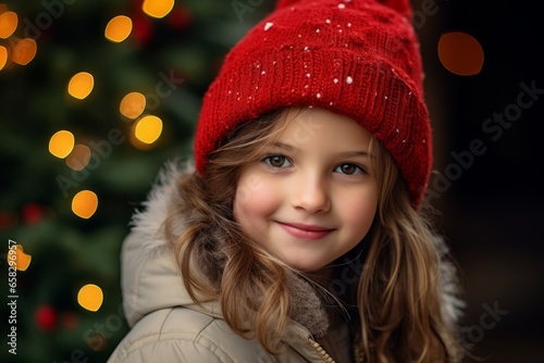 Portrait of a cute little girl in a red hat on the background of a Christmas tree.