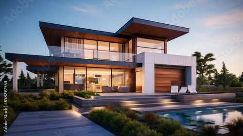 front view of a luxury modern house on clear weather in the evening