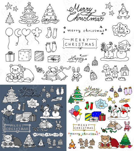 Set of cute decoration and presents illustration icons for Christmas celebration with simple line doodle drawing style, in colorful, and black and white 
